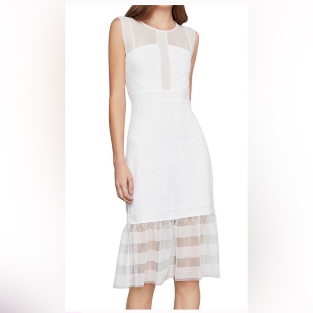 BCBGMAXAZRIA White Lace Mesh Midi Dress Ruffle Hem Sleeveless NWT XXS